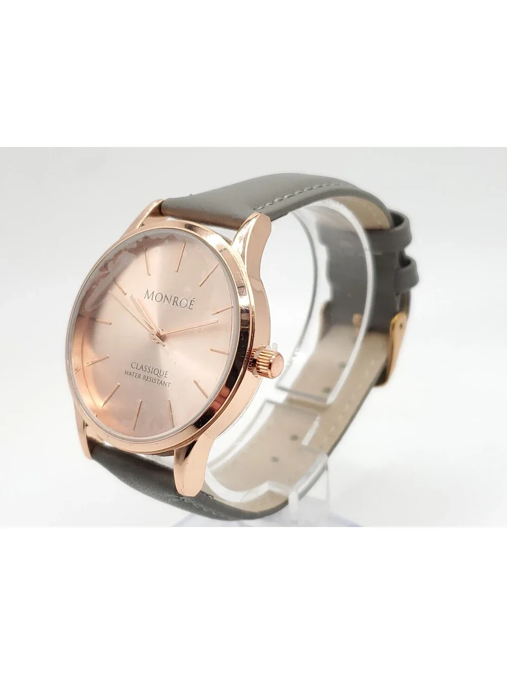 Monroe Classique Quartz Watch New Battery Rose Gold Tone Gray Band 36mm